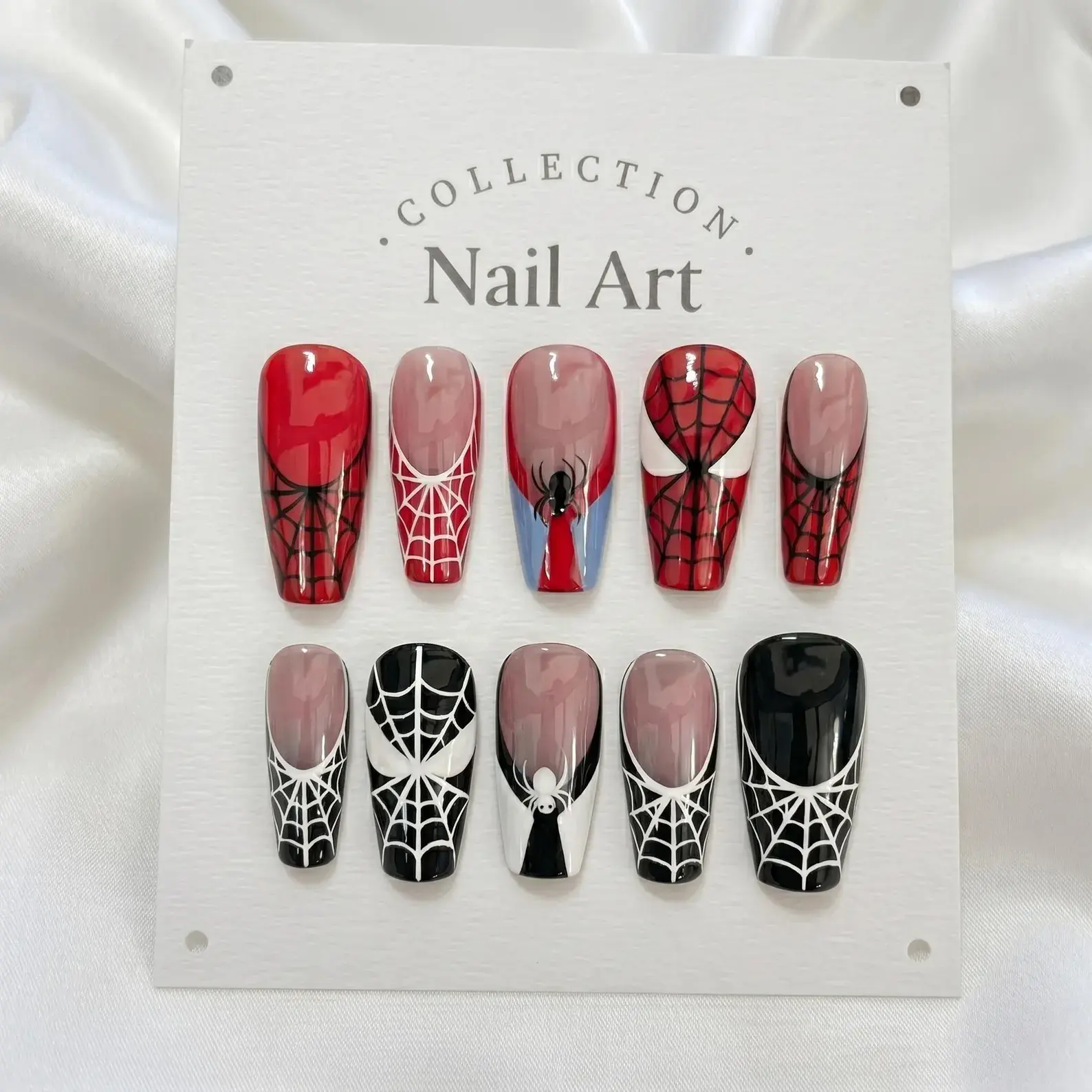 Spider Web Inspired Press-On Nails – Red Black Glossy Square Fake Nails with Spider & Web Art | Handmade Reusable Full Cover Nail Set