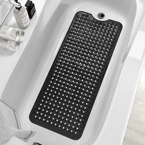 Non-Slip Tub Bath Mat - 40x16in Extra Long Rectangle Durable Synthetic Mat with Slip-Safe Suction Cups, Drainage Holes, Quick-Dry, Machine-Washable, Reusable Adult Unisex Bathroom Accessory, Solid, Bath Mat For Tub Non Slip