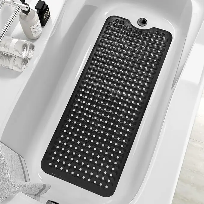 Non-Slip Tub Bath Mat - 40x16in Extra Long Rectangle Durable Synthetic Mat with Slip-Safe Suction Cups, Drainage Holes, Quick-Dry, Machine-Washable, Reusable Adult Unisex Bathroom Accessory, Solid, Bath Mat For Tub Non Slip