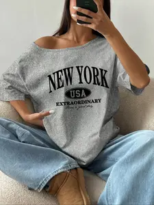 Women's New York City Print Off Shoulder Tee, Casual Y2K Style Streetwear Fashion T-shirt for Daily Holiday Vacation Outdoor Wear, Ladies Clothes for All Seasons