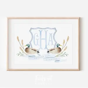 Mallard Duck wall art, Monogram wall art, Mallard Duck Monogram Art Print, Baby Boy nursery wall art, Monogram Crest, Nursery Unframe