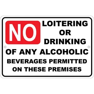 No Loitering or Drinking Alcohol Permitted On Premises 8"x12" Aluminum Sign