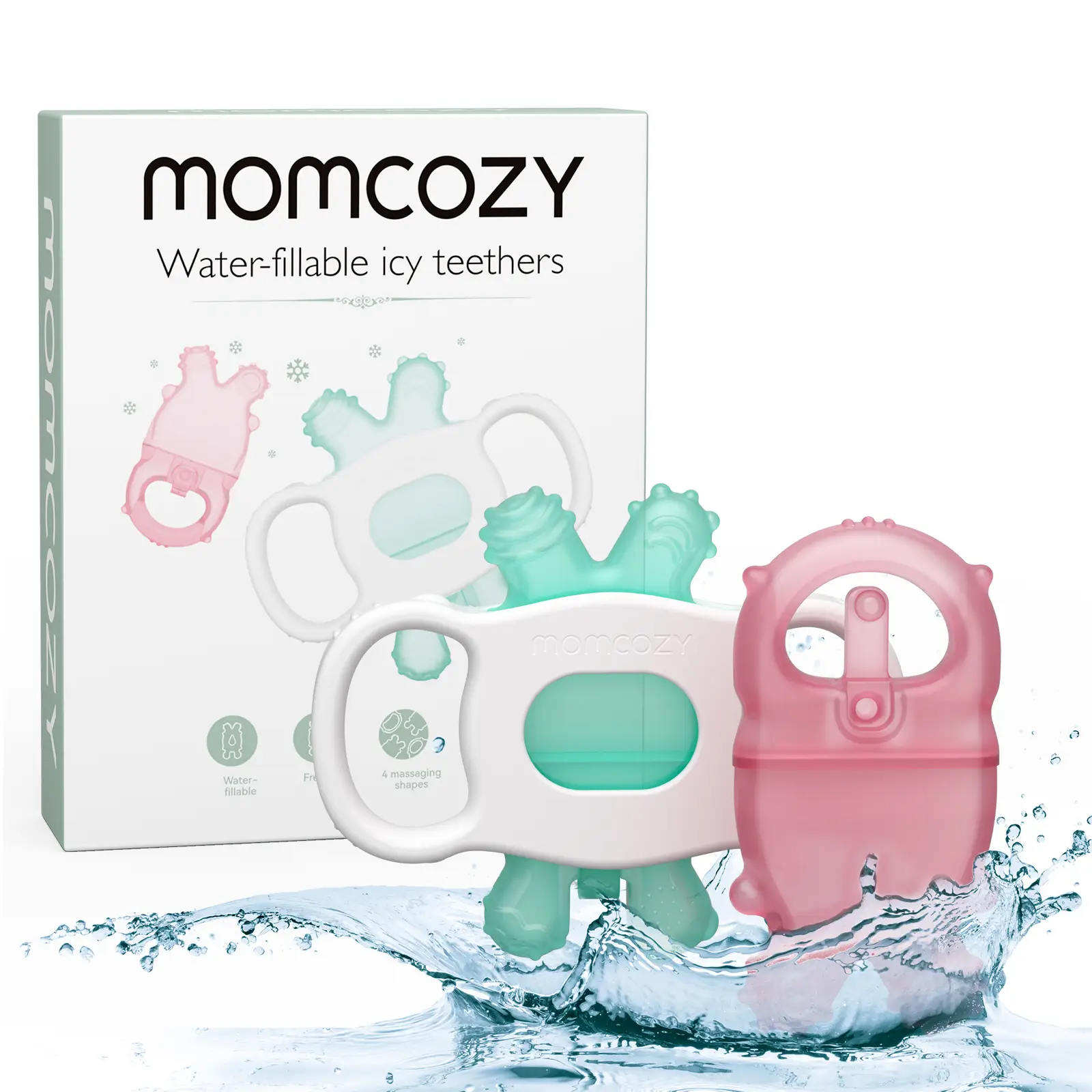 Momcozy Baby Teether Toys, Water Fillable Teether Silicone Cold Teether for Teething Relief 0-12 Months, Green and Pink 2 Pcs
