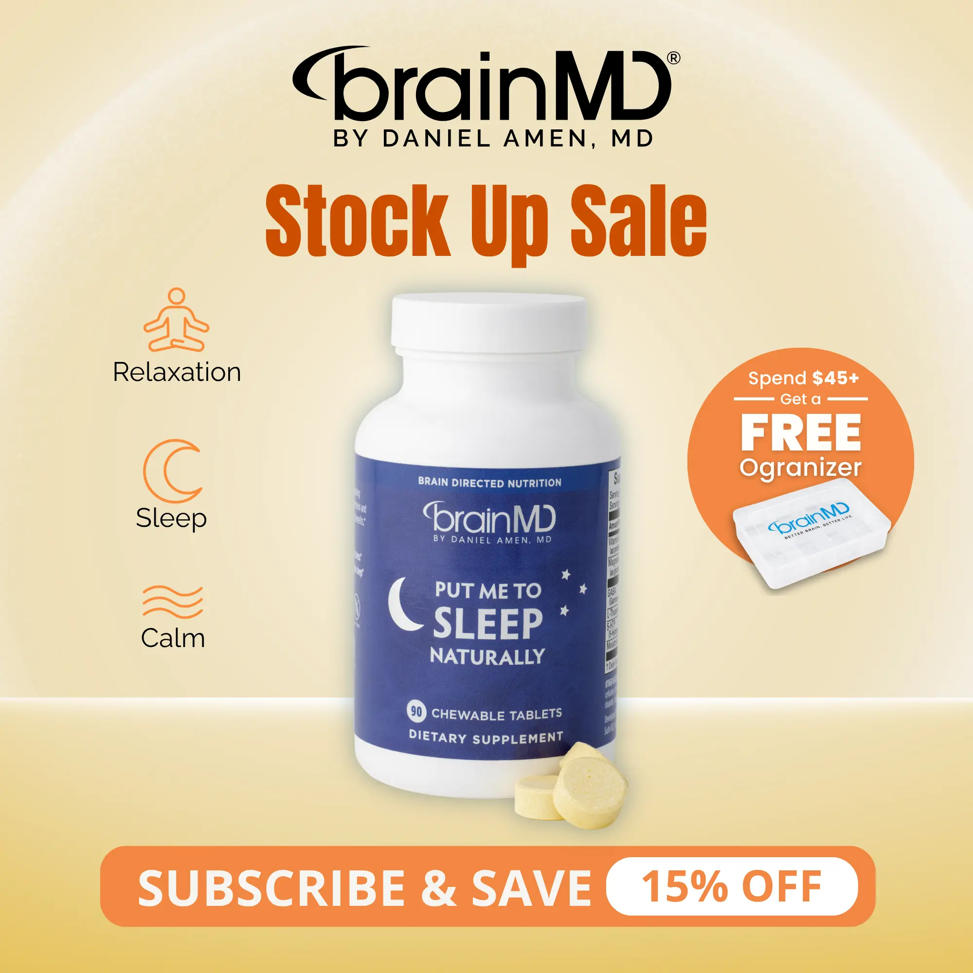Put Me To Sleep Naturally | BrainMD | 90 Chewable Tablets | Fast Sleep Onset & Restful Sleep Support | Calm Relaxation & Stress Recovery Support |Melatonin with GABA & L-Theanine