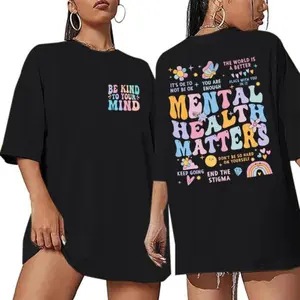 Cotton Short Sleeve TShirt with Mental Health Matters Be Kind to Your Mind Inspirational Letter Print Loose Oversized Round Neck Womenswear Colorful Cute Daily Wear Fabric