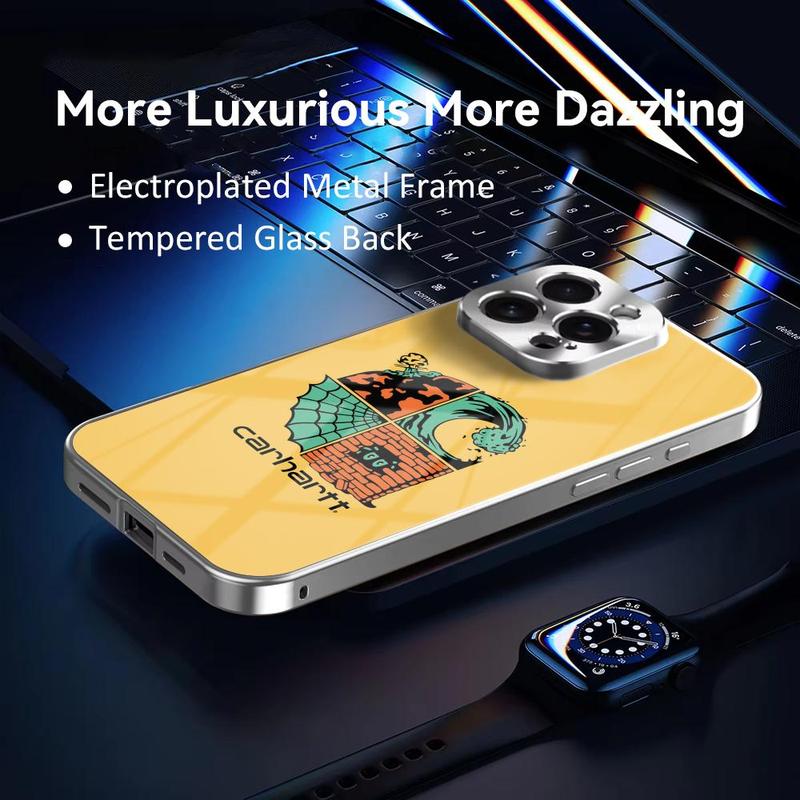 Famous Trend C-C-Carhartt Phone Case For iPhone 17 16 15 14 13 12 Pro Max Plus Electroplated Metal Bumper Case Slim Tempered Glass Back Shockproof Anti-Scratch Luxury Case Fashion Durable Stylish