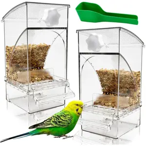 Transparent Acrylic No-Spill Bird Feeders - Automatic Cage Mounted Seed Food Containers with Built-in Perch, Mess-Proof Feeding Station with Clear Food Level Window for Parakeet Budgies Lovebirds Finch Canary