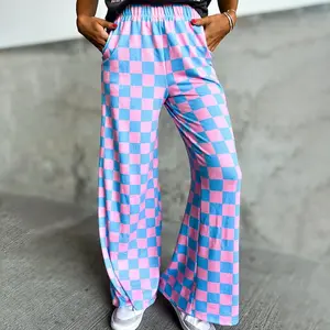 Women Wide-Leg Pants Checkerboard Elastic Waist Loose Trousers Spring Summer Casual Sweatpants Bottoms Womenswear Light Polyester Underwear