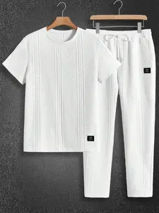Men's 2 Piece Outfits Plain Cable Knit Letter Patched Fitted Crewneck Tee and Pant Sets. Suitable for daily wear, going out, streetwear, outdoor activities, vacation, casual wear, etc