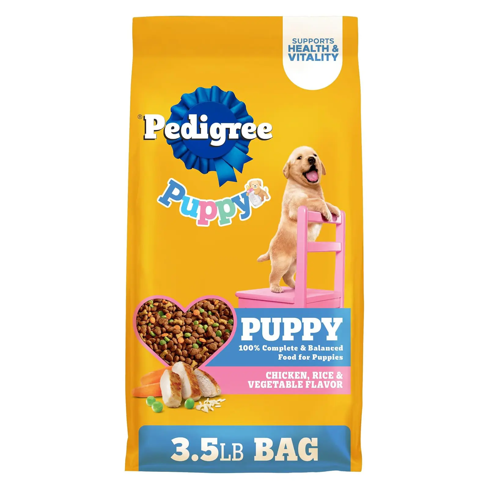 Pedigree Puppy Dry Dog Food, Chicken, Rice, and Vegetable, 3.5 lb 100% complete & balanced, 36 vitamins & minerals, nutrients similar to mother's milk, supports brain development