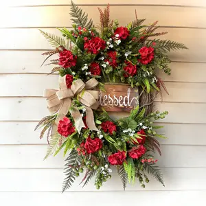 Summer Geranium Ball Front Door Wreath, Independence Day Artificial Flower Ring, Indoor Outdoor Porch Decoration, All Seasons Suitable