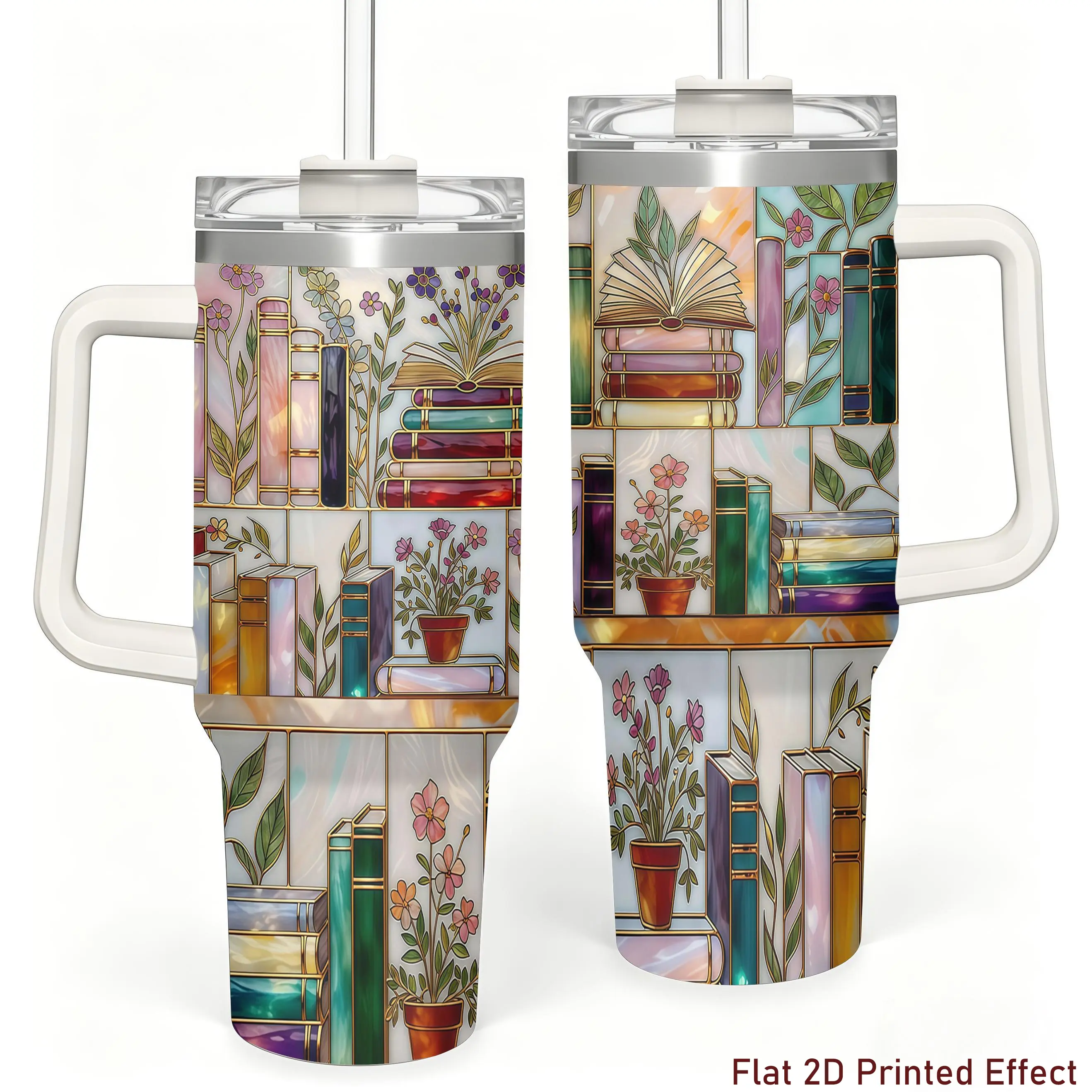 Stained-Glass Book Design 40oz 20oz 15oz Tumbler,Flat 2D Printed Floral Bookshelf Tumbler, Book Lover Gift, Bookish Cup, Library Cup, Tea Cup, Coffee Mug, Gift for Friends, Kitchen Drinkware