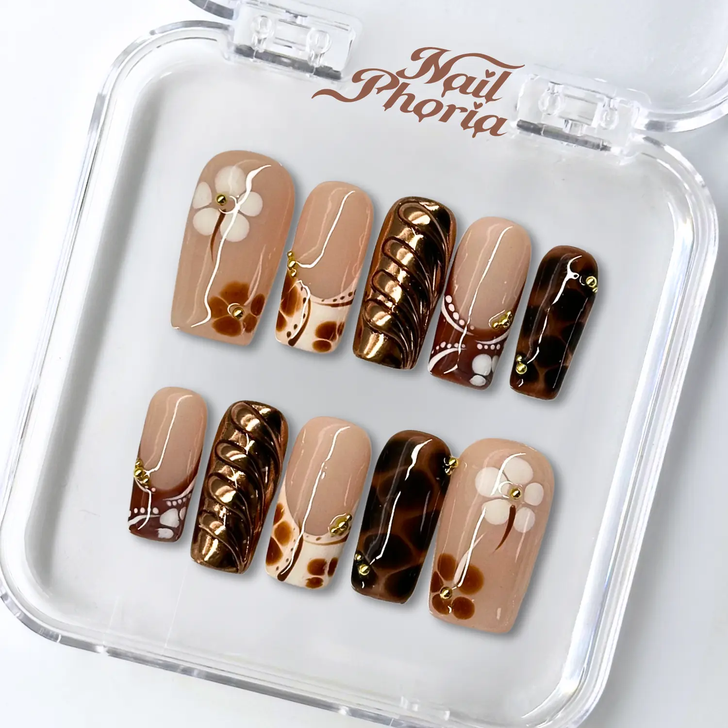 NailPhoria BURNT SUGAR BLOOM - Handmade Press-On Nails | Reusable, Salon-Quality, Long-Lasting, Glossy Design