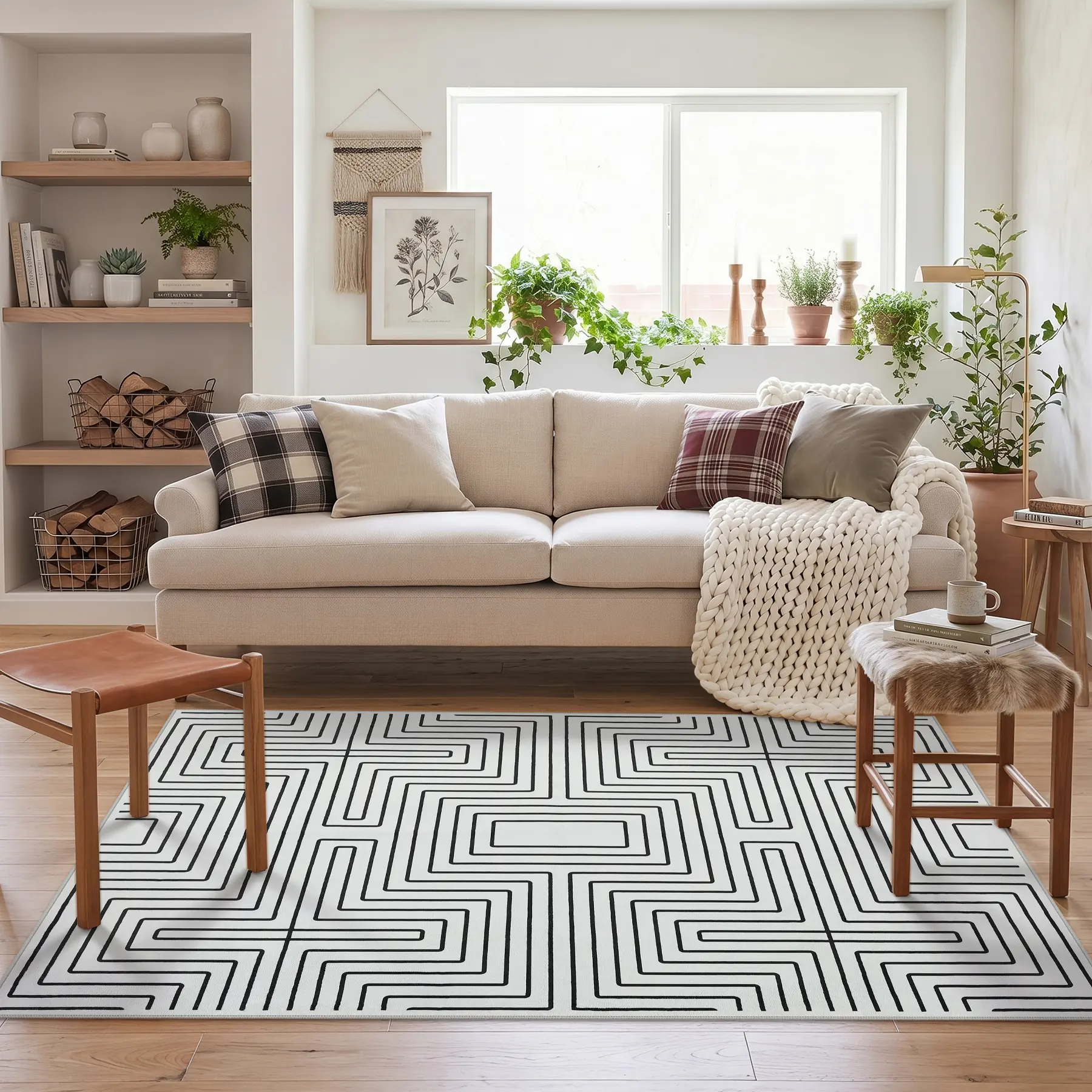 Tribesigns Maze Wool Area Rugs Indoor, Machine Washable Non-Slip Area Rugs for Living Room