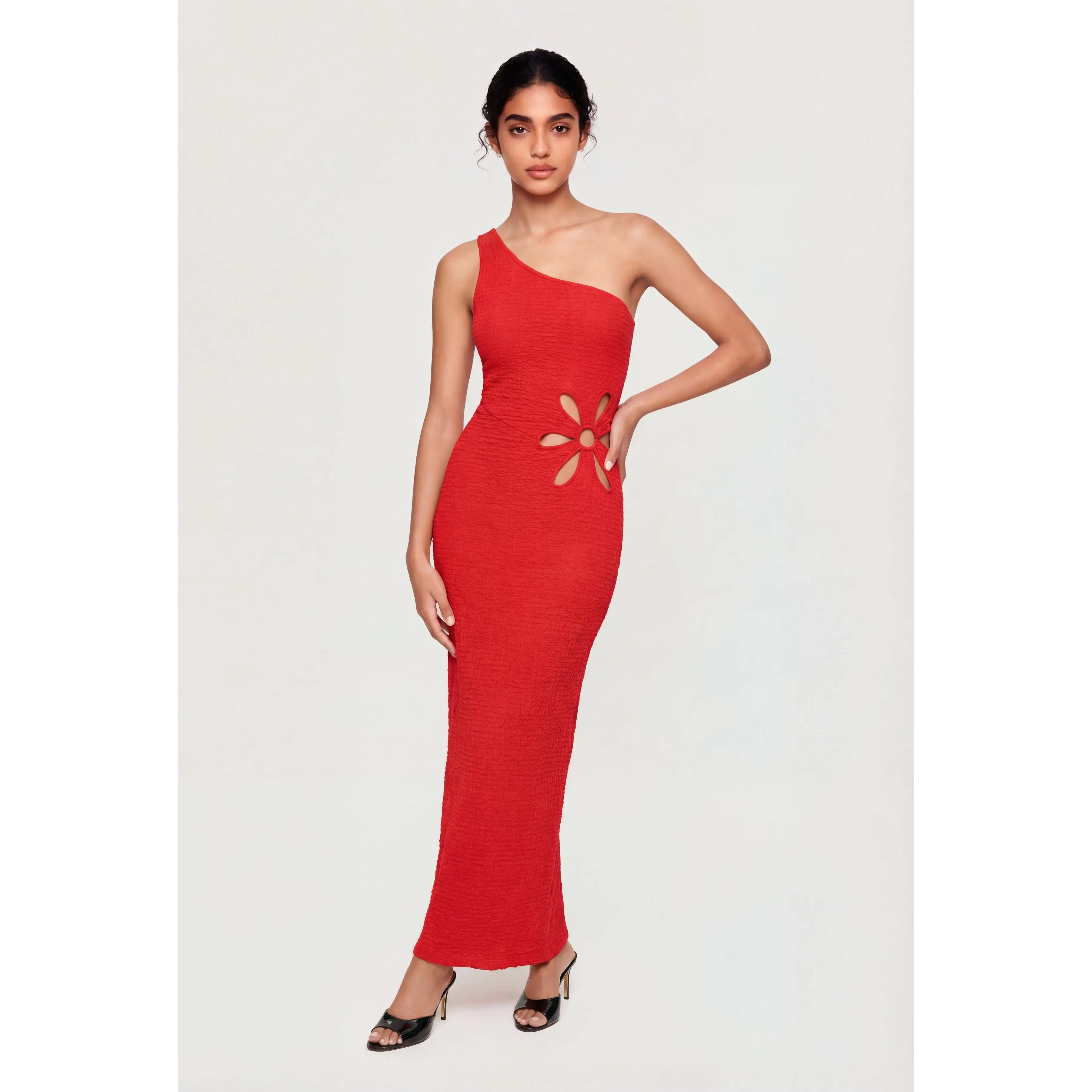 Textured Knit Flower Cutout One Shoulder Dress