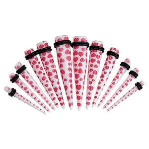 12pc Taper Ear Stretcher O-Ring Kit Acrylic Pink Hearts Design - 6g thru 12mm 1/2" Gauges