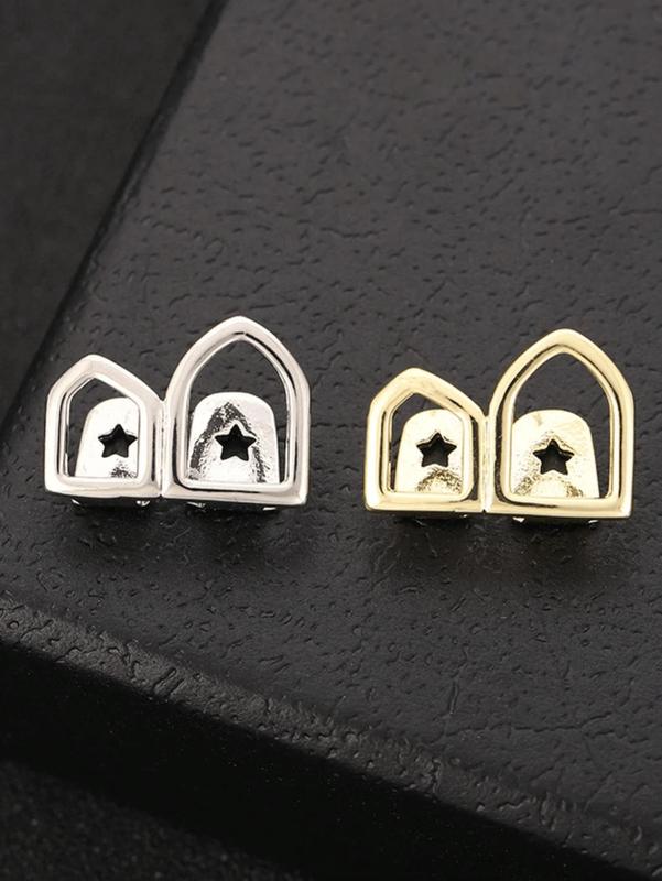 Hollow Oral Tooth Grillz Set with Zirconia Stones Double Top & 4 Hollow Bottom Teeth Hip Hop Street Style Unisex Jewelry Accessories Lightweight Silicone Festival Gift