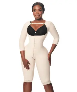 Medium Compression • Knee Length Open Bust Bodysuit • Long Sleeves • 3 Compression Hook Levels • Beige (C-013)