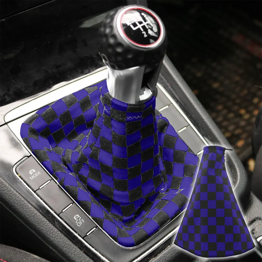 Universal Checkered Blue Fabric Gear Manual Shifter Shift Knob Boot cover