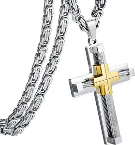 CASSIECA Cross Pendant Necklaces Chain for Men Byzantine Stainless Steel Chain 24 Inches Adjustable Length Fashionable & Durable Religious Jewelry Fallfreshness