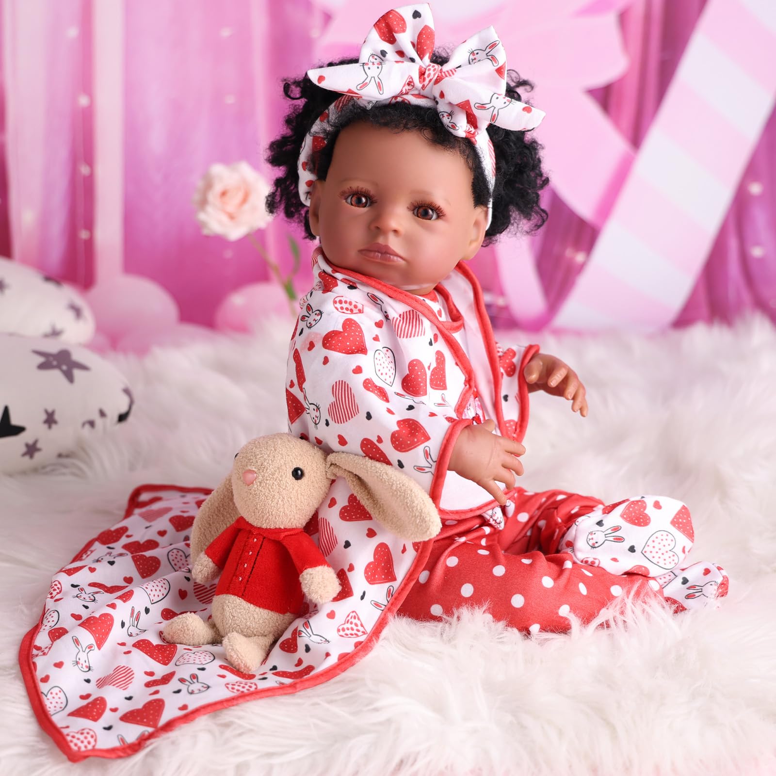 【Doll is not Included】BABESIDE 6 Pcs Reborn Baby Doll Clothes Set for 17-22 Inch Babydolls, Bunny & Heart Reborn Doll Clothes and Accessories with Headband and Socks for Realistic Baby Dolls Girls