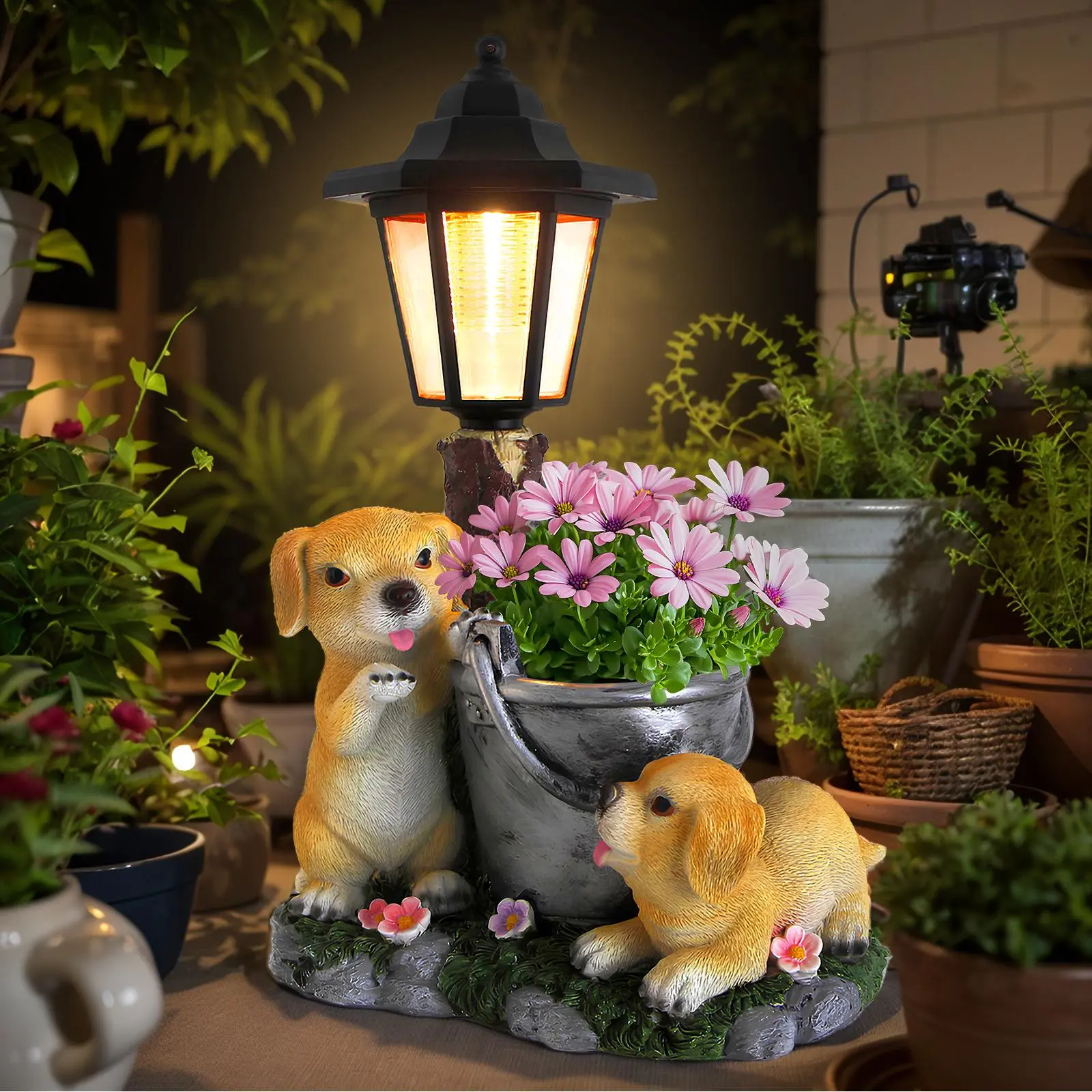 Solar-Powered 2-Lucky Puppy Garden Gnome Figurine, Whimsical Outdoor Home Decor Statue, Ideal Mother's Day Gift for Women sohochic