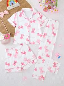 Girls' Bow Tie Sleepwear Set, Cartoon Print Pajama, Casual Fitted Short Sleeve Button Front Top & Shorts Pants, All-Season Wearable Home Clothes, Children, Sleepwear Pajamas