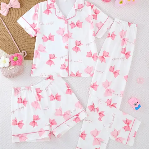 Girls' Bow Tie Sleepwear Set, Casual Fitted Short Sleeve Button Front Top & Shorts Pants, All-Season Wearable Home Clothes, Print Pajama Set