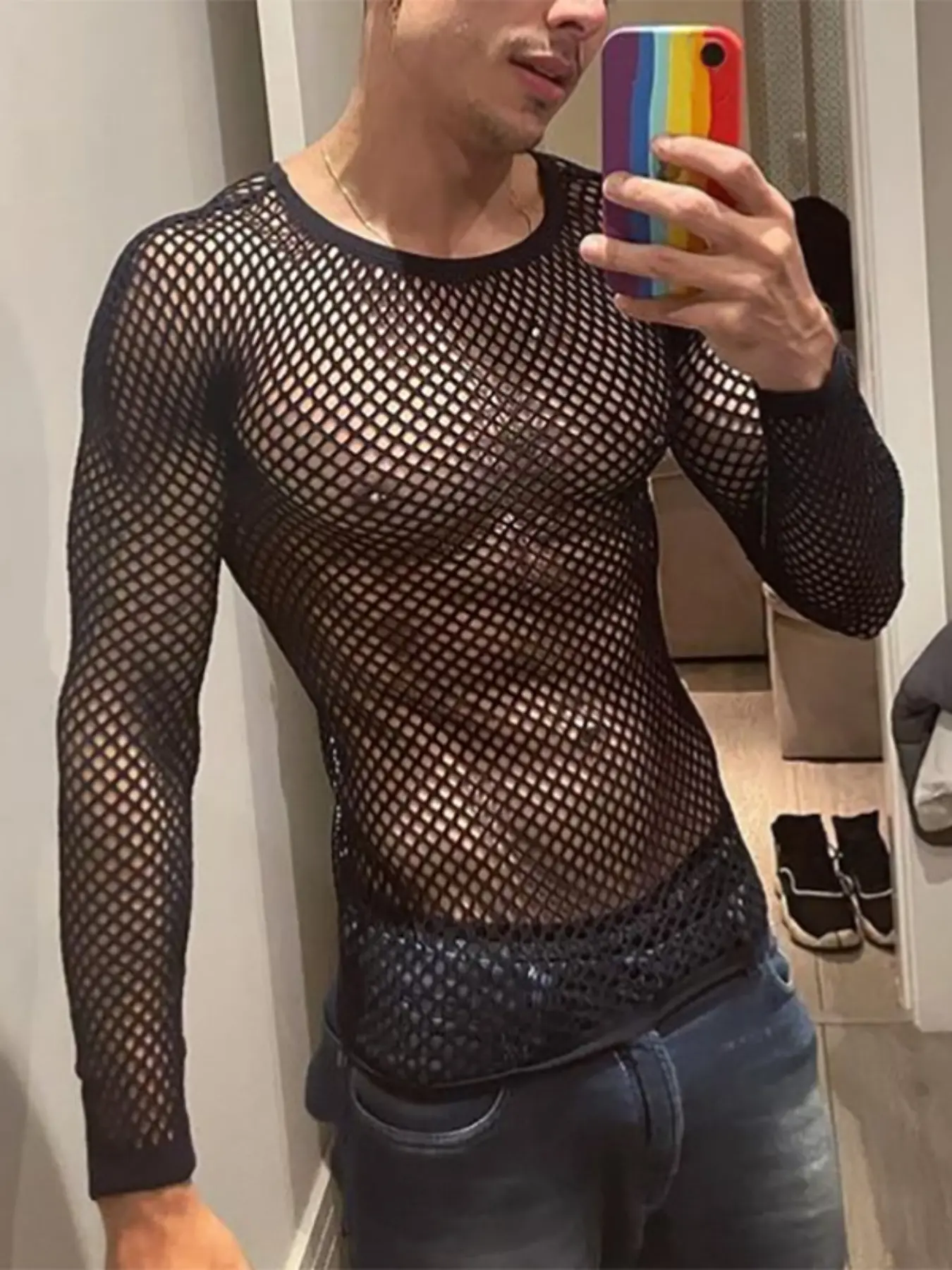 INCERUN Men's Fashion Sexy Transparent Solid Color Crew Neck T-Shirt, Polyester Material, Loose Mesh Long Sleeve Top, Summer Daily Wear, Casual Style Menswear