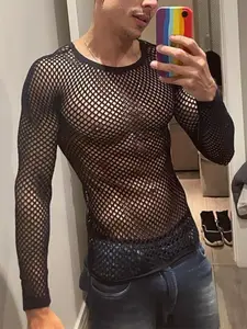 INCERUN Men's Fashion Sexy Transparent Solid Color T-Shirt, Loose Mesh Long Sleeve Top, Summer Daily Wear, Casual Style