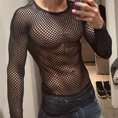 INCERUN Men's Fashion Sexy Transparent Solid Color T-Shirt, Loose Mesh Long Sleeve Top, Summer Daily Wear, Casual Style, Casual Style Breathable