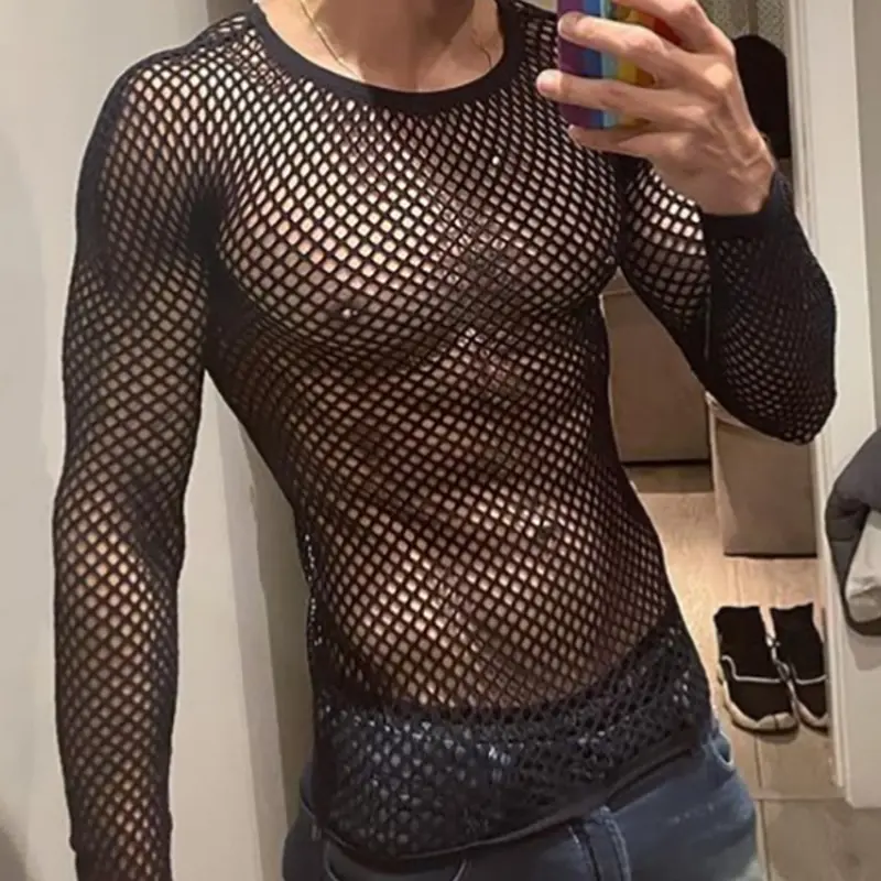 INCERUN Men's Fashion Sexy Transparent Solid Color T-Shirt, Loose Mesh Long Sleeve Top, Summer Daily Wear, Casual Style, Casual Style Breathable