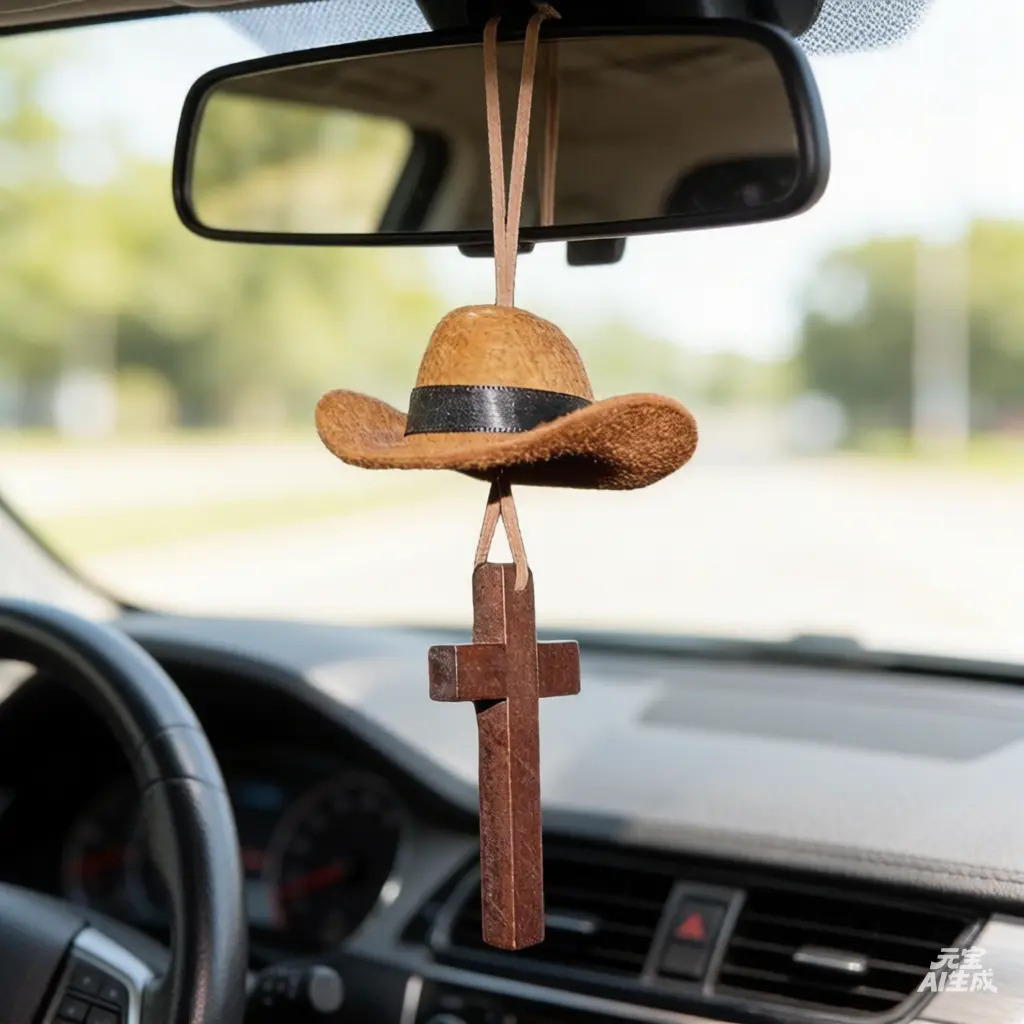 【Summer Survivals】JOYTUTUS 2026 Western Cowboy Hat Car Pendant Charm, Rear View Mirror Decor with Wooden Cross Accent, Women's Automotive Car Hanging Decoration