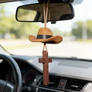 JOYTUTUS Western Style Cowboy Hat Car Pendant Charm for Rear View Mirror Women's Automobile Hanging Decor with Wooden Cross Accent