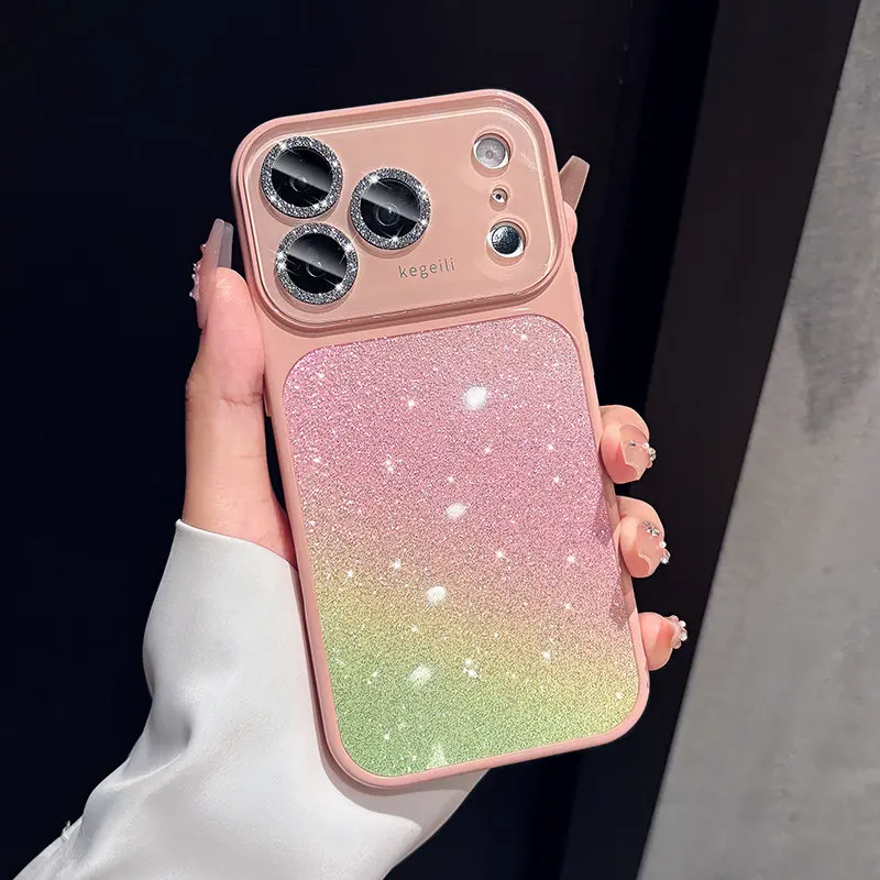 Glitter Gradient Bling Phone Case for iPhone 17 Pro Max 16 15 14 13 12 Pro Max, Diamond Rhinestone Camera Lens Cover, Shockproof Drop Protection, Dust‑Proof Bottom Mesh, Dual Lanyard Holes Luxury Sparkly Protective Case for Women Girls