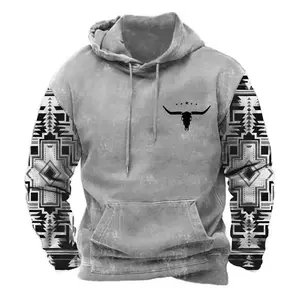 Men's Aztec Hoodie Western Cowboy Hooded Sweatshirt Warm Loose Casual Long Sleeve Drawstring with Pockets Menswear Animal Jeans JoggersGift