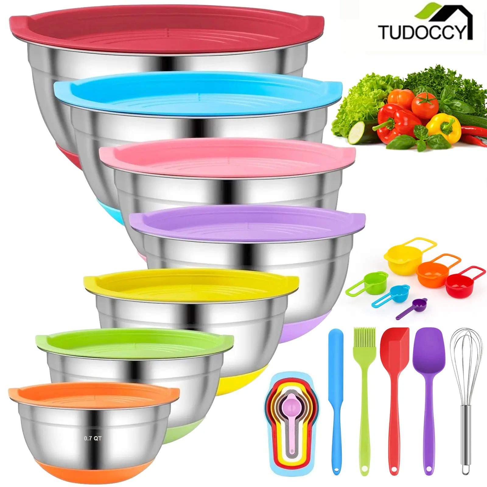 Mixing Bowls with Airtight Lids, 18pcs Stainless Steel Nesting Colorful Mixing Bowls Set Non-slip Silicone Bottom, Fit for Mixing & Serving Kitchenware Tableware Egg stacking  bowls，A Kitchen Surprise for Mom or Your Partner  A Stylish Kitchen Set