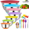 18-Piece Stainless Steel Nesting Mixing Bowls Set with Airtight Lids, Non-Slip Silicone Bottoms, 7 Bowls, 4 Utensils Including Egg Beater - Tableware for Family Prep Needs, Easy to Clean by Hand, Housewarming Kitchen Gift, 18-Pieces Covers Family Prep Nee