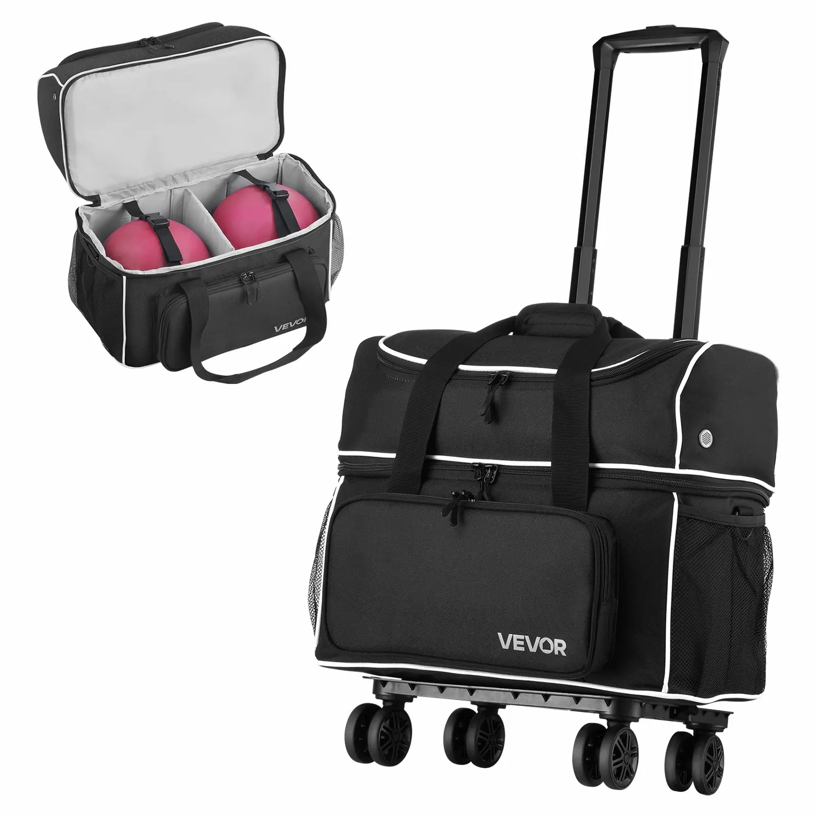 VEVOR 2 Ball Bowling Bag with Wheels Four Roller Bowling Bag with Shoe Compartment