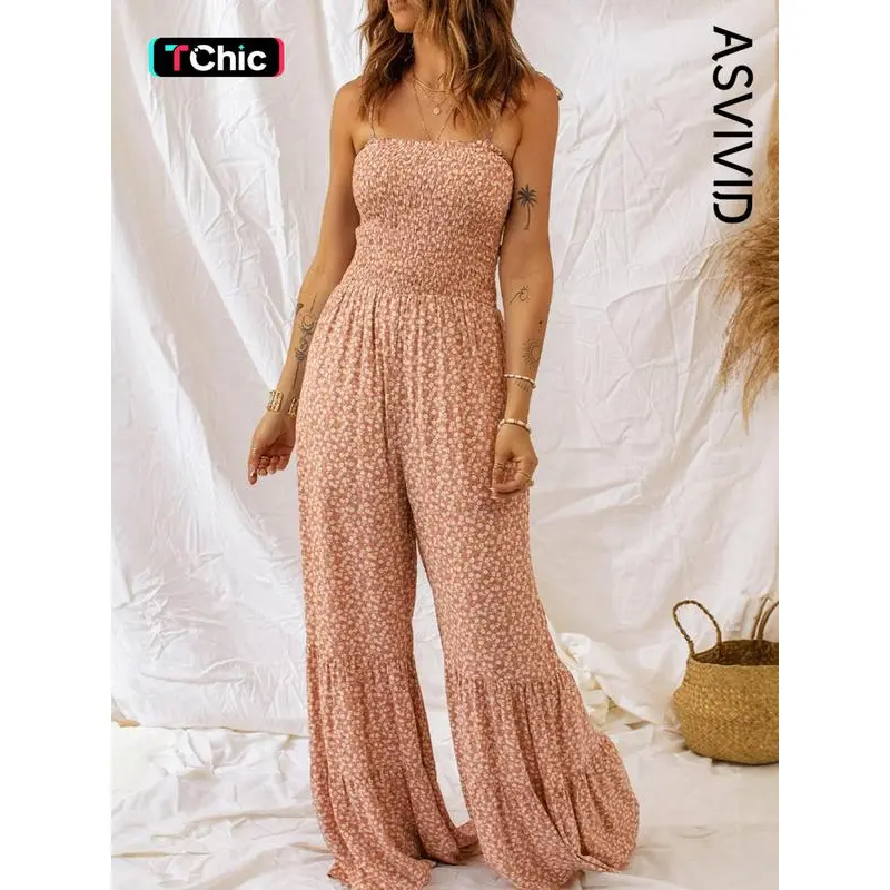 Women's Ditsy Floral Print Ruffle Hem Vintage Jumpsuit, Bohemian Shirred Tie Shoulder Wide Leg Jumpsuit, Summer Jumpsuits for Women, Boho Sleeveless Womenswear, Lady Clothes for Beach Holiday, Jumpsuitwomen Overalls Fitted Spaghetti Strap