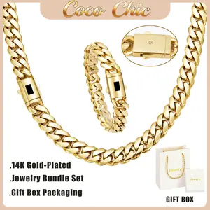 [Set]14K Gold-Plated Cuban Chain - Necklace & Bracelet, Rust-Resistant Electroplating, Miami Hip-Hop Style, 6mm/8mm/10mm/12mm/14mm, Chain for Women, Couples' Gift,summervibes