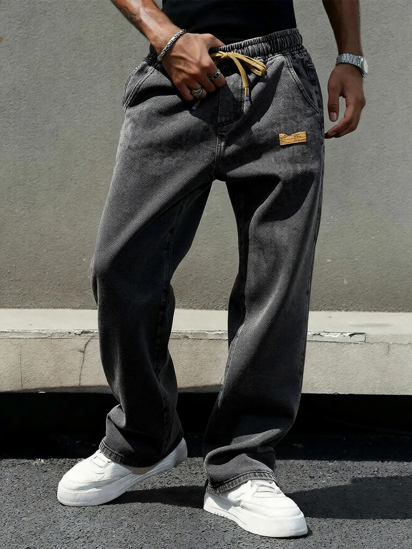 Men's Washed Wide Leg Jeans, S Fits W29, Tag Size S-W29 to XXXL-W39, Drawstring Elastic Waist Non-Stretch Denim Pants