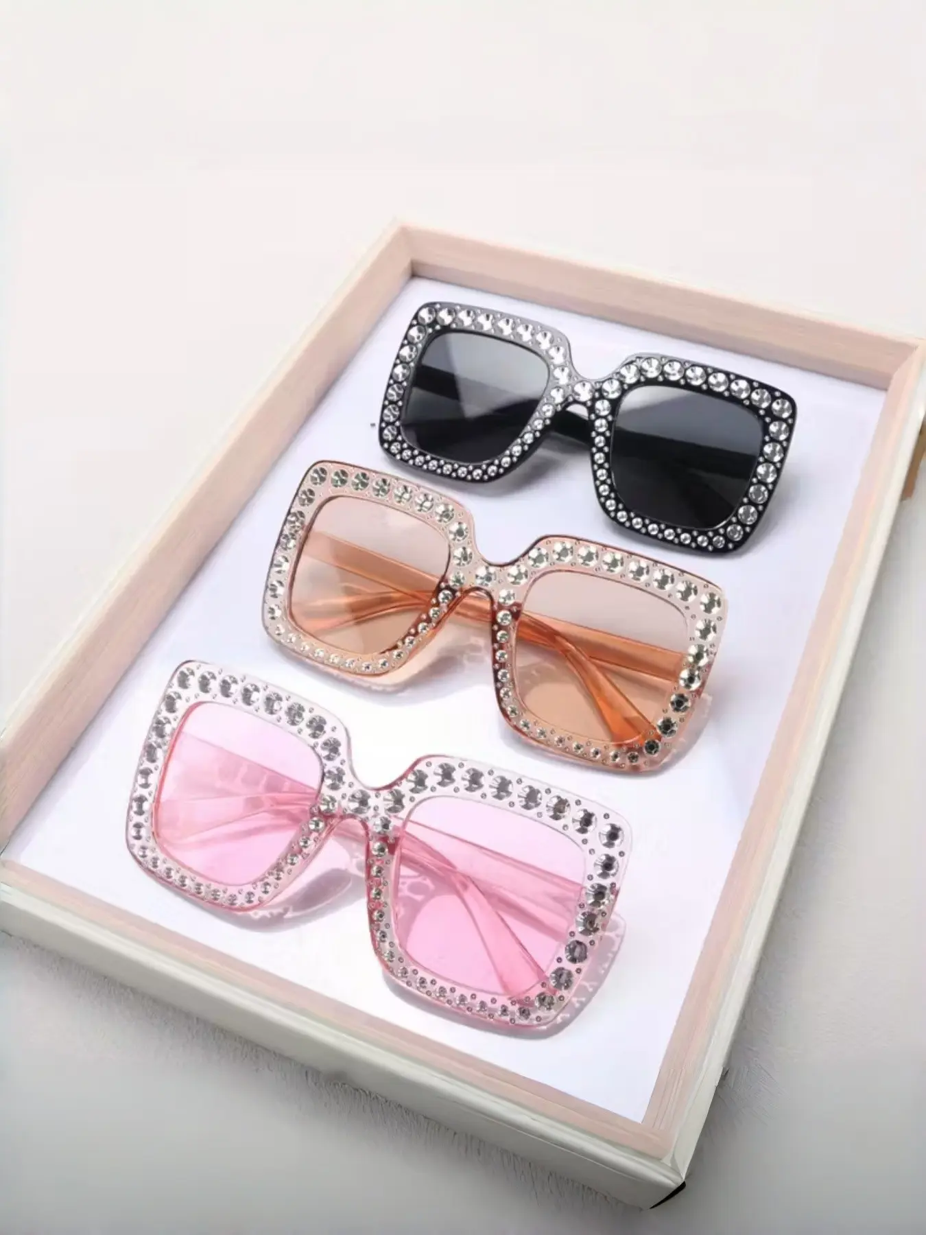 Women's Disco Rhinestone Decorated Glasses Set, Large Square Shiny Frame, Thick Rim, Colorful Vintage Party Accessories, Square Frame Sunglasses