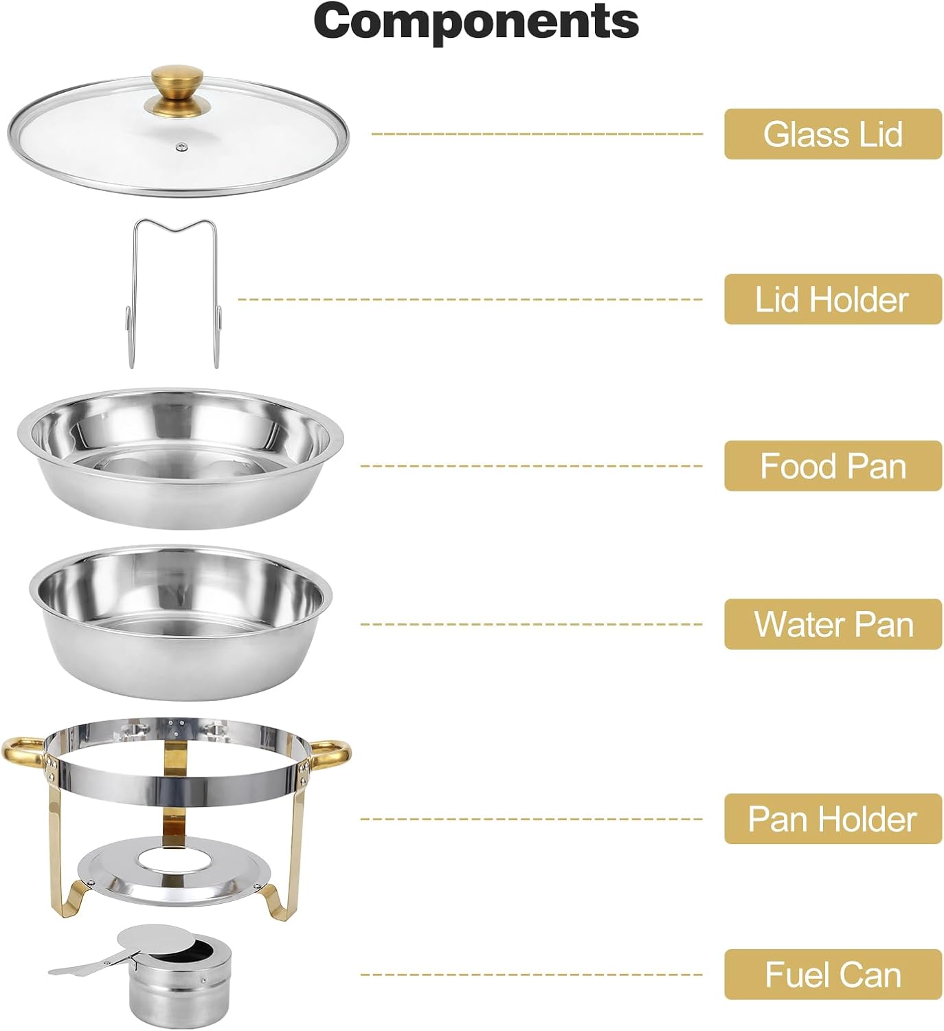 Chafing Dishes for Buffet 4 Pack, 5QT Round Chafing Dish Buffet Set with Visible Glass Lid Stainless Steel Buffet Food Warmers Sets for Wedding Party Banquet, Gold and Silver