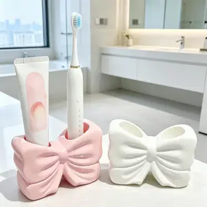 Coquette Aesthetic Ceramic Bow-Shaped Toothbrush Holder, Girly Bathroom Countertop Decor & Storage Organizer
