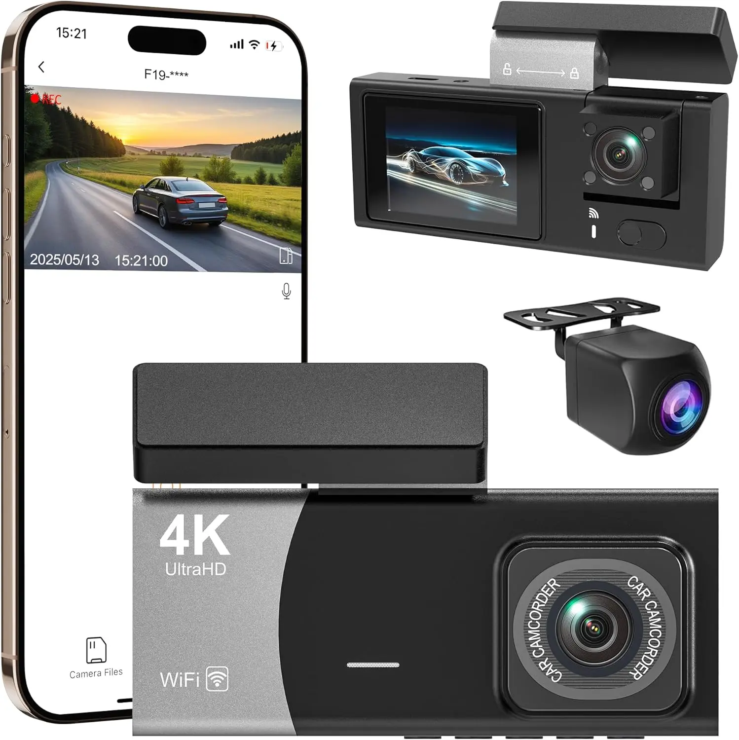 3 Channel 4K WiFi Dash Cam with 4K+1080P Front Inside Rear Views 32GB Card APP Control G-Sensor 24 Hours Parking Mode Loop Recording Night Vision