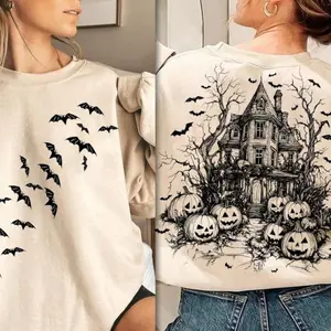 Women's Vintage Halloween Printed Cotton Hoodie - 2-Sided Unisex Casual Sweatshirt with Bats & Pumpkins, Retro Spooky Season Gift