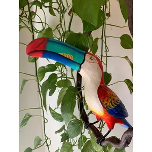 Colorful Toucan Handcrafted Wood Hanging Bird Statue  14"in Head to Tail
