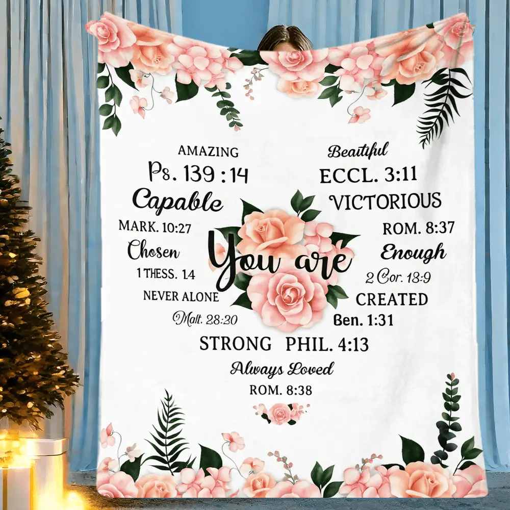 Christian Scripture Verse White Flower Tapestry Sherpa Blanket, Cozy Home Decor Bedding, Suitable for Travel, White Flower Tapestries