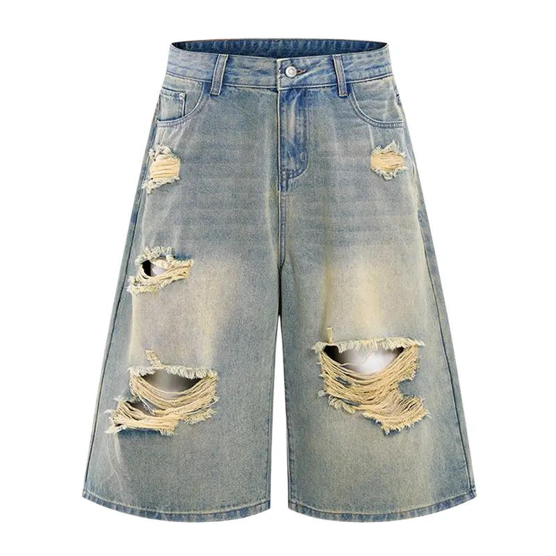 Men's Street Style 7/8 Length Shorts, Distressed Cotton Blend Fabric with Layered Frayed Edges, Machine Washable Male Clothing, Distressed Charm, Vintage Wash Tone, Jean Shorts, Men's Shorts